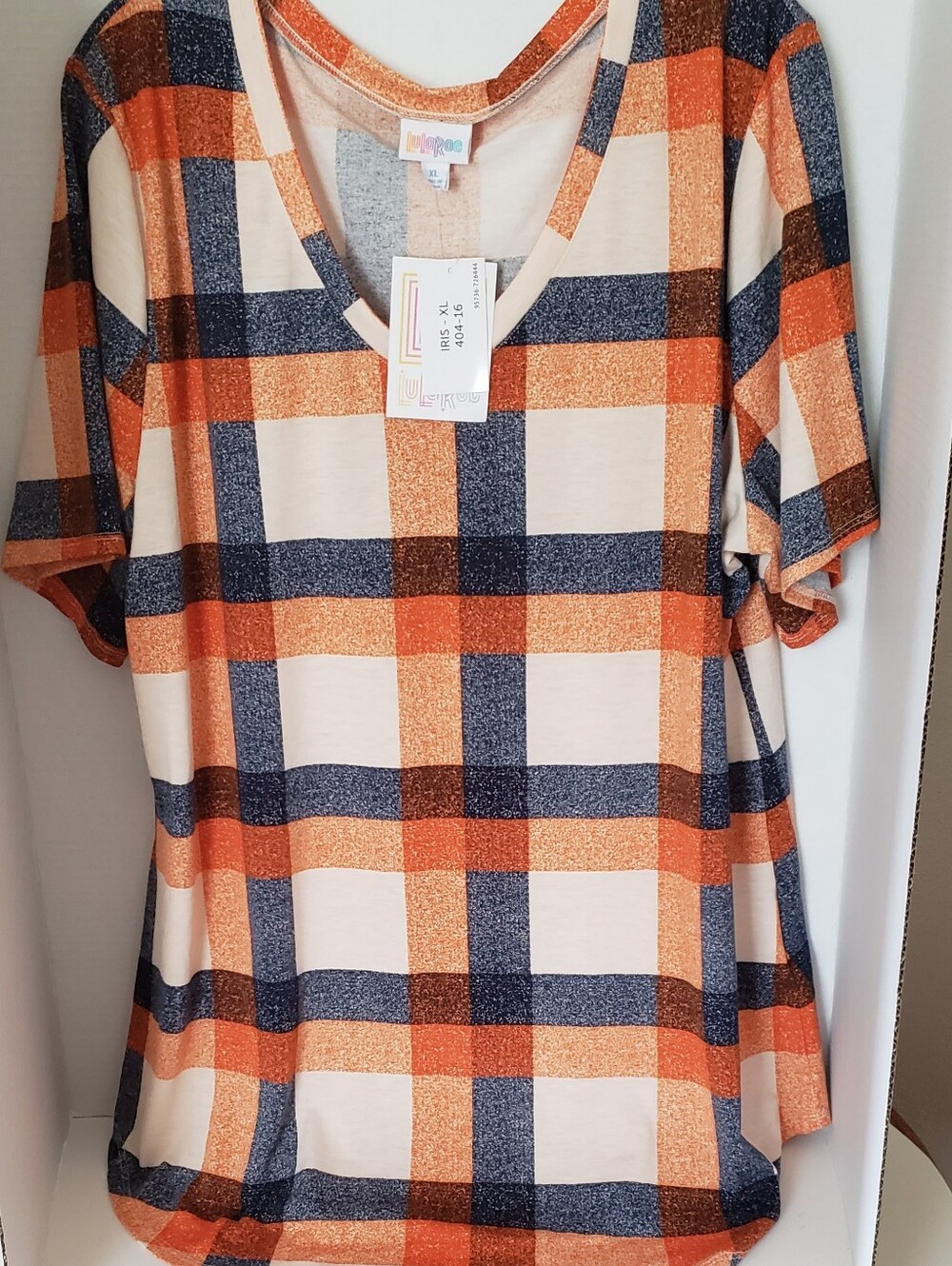 LulaRoe Iris womens XL Orange and Navy Plaid Short Sleeve Top